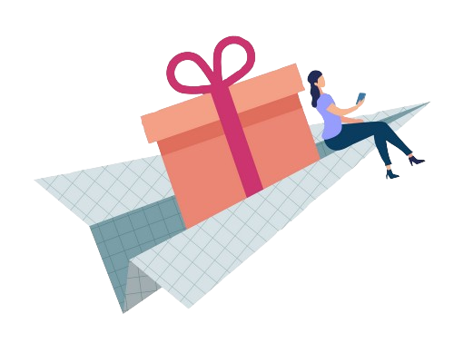 Un avion en papier qui porte un cadeau et une personne pour imager une carte cadeau